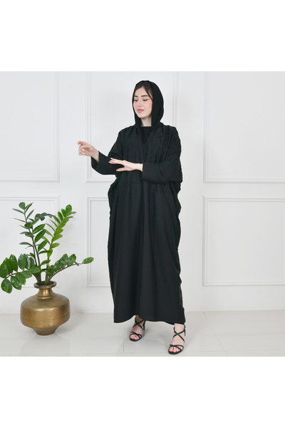 HAWRAA Black wrap abaya with a half-butterfly cut and random embroidery decorated with sequins