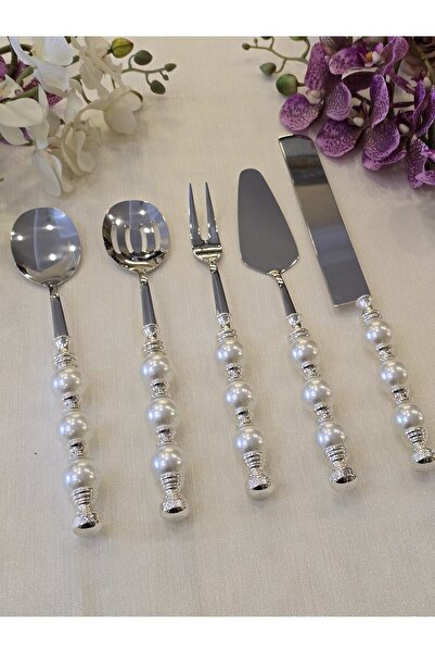 AlyaHomeAksesuar 5 Piece Pearl Serving Spoon Set Silver