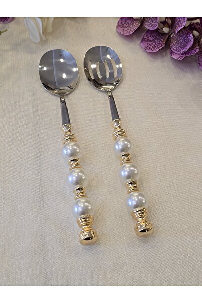 AlyaHomeAksesuar 2 Piece Pearl Salad Serving Spoon Set Gold