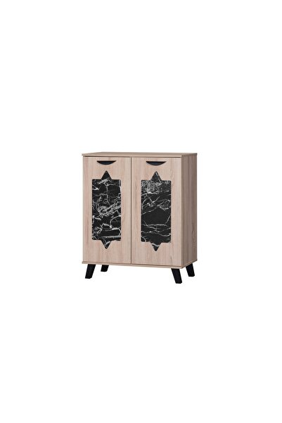 BAITY Two-door shoe organizer with 4 storage tiers in Malaysian wood, wooden and black marble color