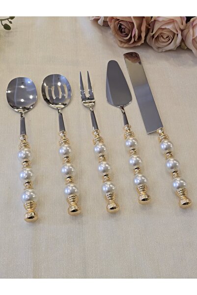 AlyaHomeAksesuar 5 Piece Pearl Serving Spoon Set Gold