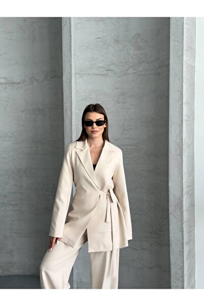 Bak'ap Premium Bağlama Bağcık Detaylı Blazer-Palazzo Pantolon 2'li Takım