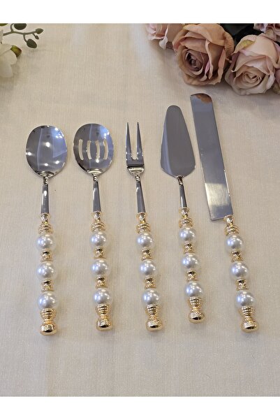 AlyaHomeAksesuar 5 Piece Pearl Serving Spoon Set Gold