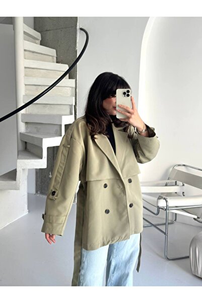 ParlaMira Women's Khaki Belted Windbreaker Detailed Buttoned Lined Premium Trench Coat