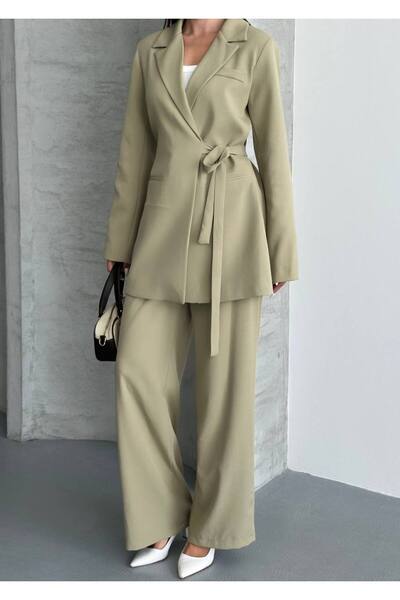 Bak'ap Premium Tie-Up Lace-Up Detailed Blazer-Palazzo Pants 2-Piece Set
