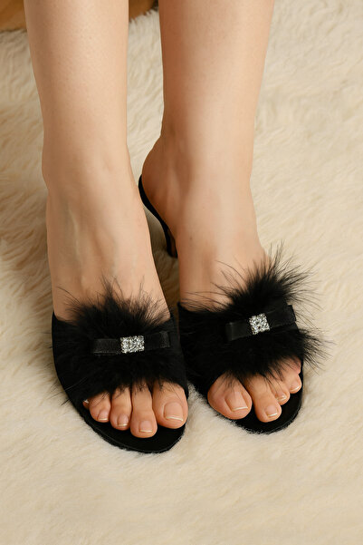 QKK Papuci de casă pentru femei, negri, cu pene, cu toc de piatră, pentru mir...