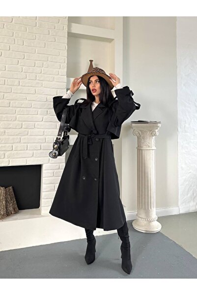 Ekim Store Pelerinli Düğmeli Kuşaklı Maxi Trençkot