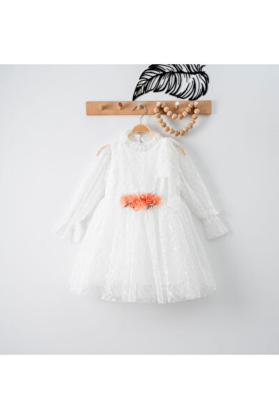 Tivido Princess White Dress with Lace and Floral Accessory, Powder Pink, 3-6 Years