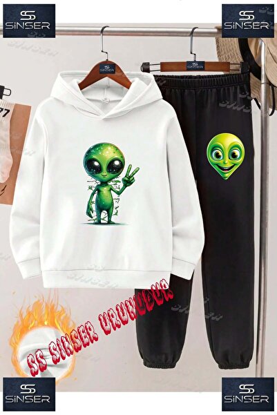 SS SİNSER Детски унисекс комплект спортен екип с качулка и надпис „Alien Gree...