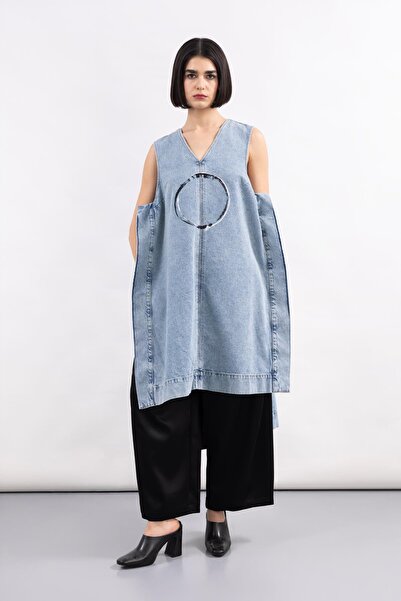 MİİN KAR YIKAMA ÖNÜ DAİRE DESEN EL BOYAMASI DENIM ELBİSE