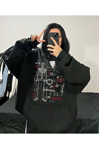 MAYDAY CULTURE Черна унисекс суитшърт с три ленти и DTF печат Basquiat