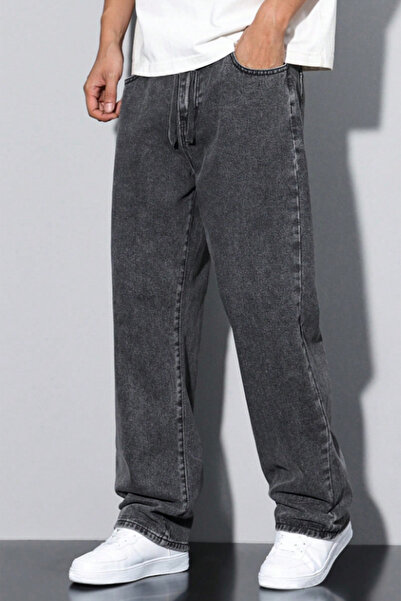 THE RULE Men's Anthracite Baggy Elastic Waist Lycra Straight Leg Loose Fit Stretchy Jean Denim Trousers Rf0479
