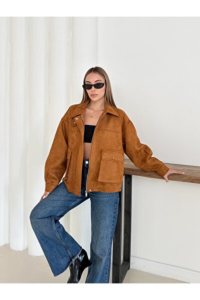 Ekim Store Stand Collar Suede Bomber Jacket with Pockets