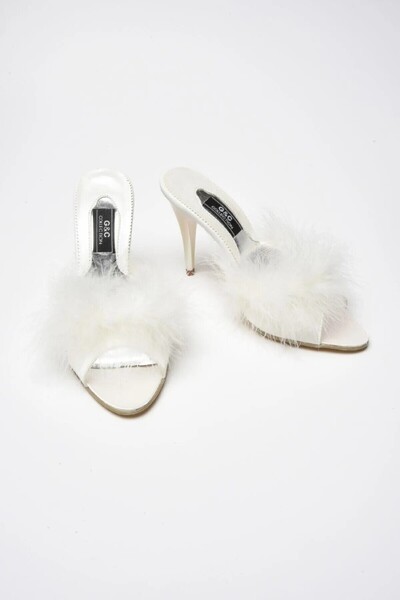 QKK Women's Ecru Furry Heeled Bridal Dowry House Slippers Q2G2K5Ck