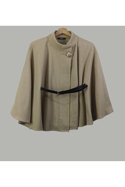 Nergis Neva Butik Kaşe Gold Buttoned Leather Belted Poncho