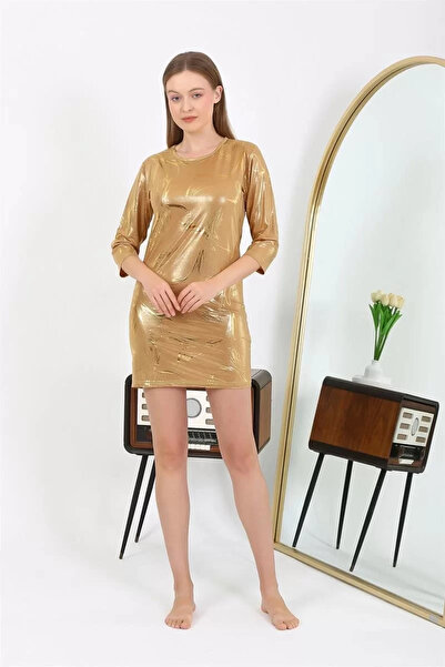 Akbeniz Μόδα Γυναικείο Μίνι Φόρεμα από Μικρού Ύφασμα Γυαλιστερό Κίτρινο