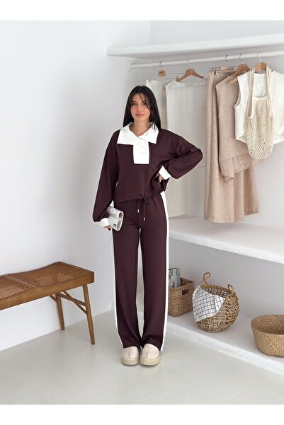 Velista Women's Tracksuit Set, Shawl Collar, Modal Fabric, Side Stripe Detail, Elastic Waist, Lace-Up