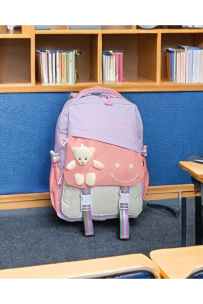 KY Kız İlkokul Ortopedik Kore Tarzı Ayıcıklı Çanta 3 Bölmeli Suluklu Gözlü