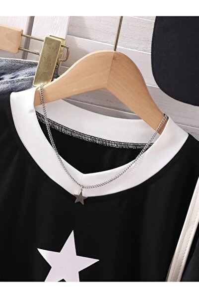 Touz Moda 28 Number Star Baskılı V Yaka Oversize Sweatshirt