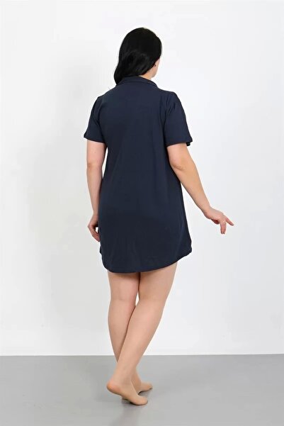alfa expres Fashion Plus Size Combed Cotton Buttoned Navy Blue Tunic Nightgown