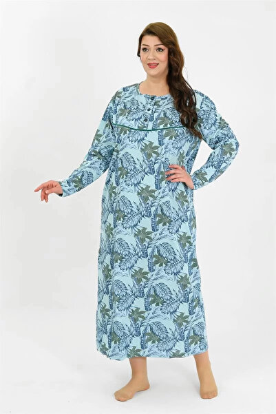 alfa expres Fashion Women's Plus Size Long Sleeve Blue Mother Nightgown
