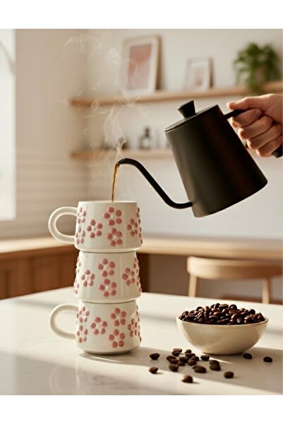 BB TRADE طقم من 3 أكواب سيراميك وردية اللون مصنوعة يدويًا