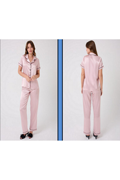 MİSS AYZA İÇTEN GELEN ŞIKLIK MissAyza V.S 2110 MODEL SET DE PIJAMALE SATIN CU MANE SCURTĂ ȘI LUNGĂ CU BĂRĂ