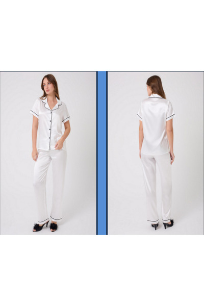 MİSS AYZA İÇTEN GELEN ŞIKLIK MissAyza V.S 2110 MODEL SET DE PIJAMALE SATIN CU MANE SCURTĂ ȘI LUNGĂ CU BĂRĂ