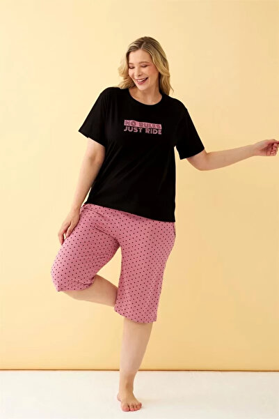 alfa expres Fashion Women's Black “No Rules Just Ride” Lettering Plus Size Capri Pajama Set