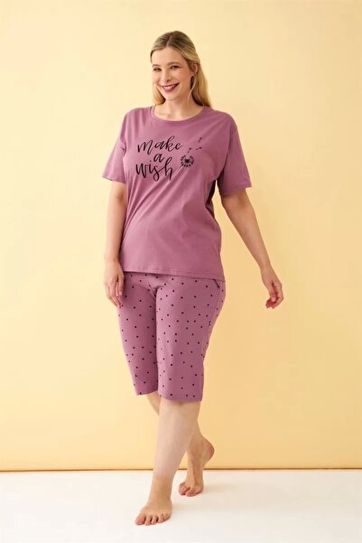 emosavm Fashion Women's Plum “Make a Wish” Written Large Size Capri Pajama Set