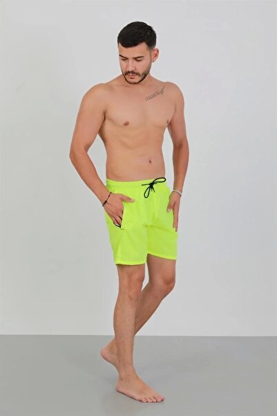 Akbeniz Pantaloni scurți de baie pentru bărbați, cu buzunar cu fermoar, verde neon