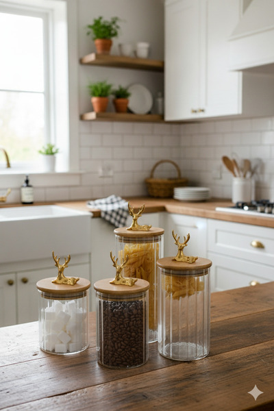clasavm 4-Piece Transparent Glass Jar with Bamboo Lid and Deer Figure |   Transparent Glass Storage Container - Glass 4 Size Jars