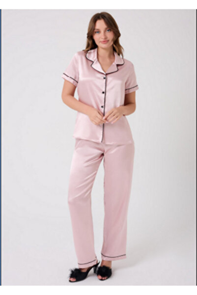 MİSS AYZA İÇTEN GELEN ŞIKLIK MissAyza V.S 2110 MODEL SET DE PIJAMALE SATIN CU MANE SCURTĂ ȘI LUNGĂ CU BĂRĂ