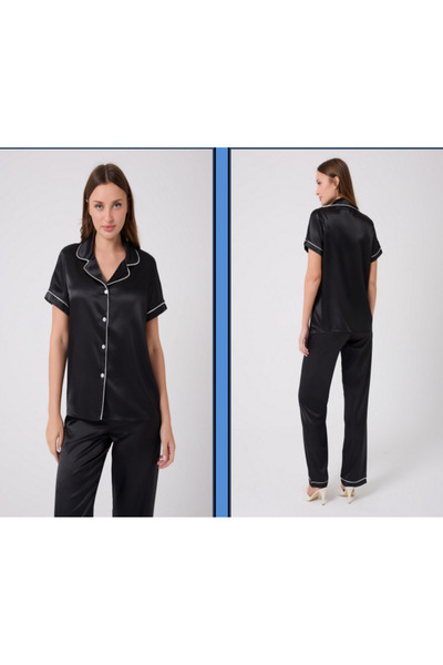 MİSS AYZA İÇTEN GELEN ŞIKLIK MissAyza V.S 2110 MODEL SET DE PIJAMALE SATIN CU MANE SCURTĂ ȘI LUNGĂ CU BĂRĂ