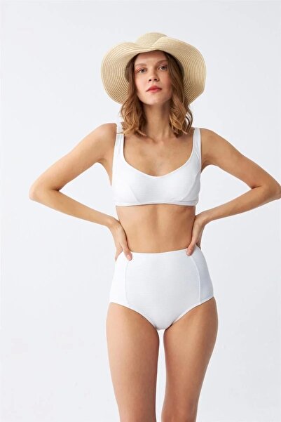 Akbeniz Μόδα Γυναικείο Σετ Μπικίνι με Ψηλόμεσο Σχήμα με Λευκά Επιθέματα