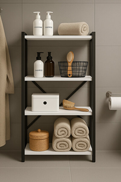 WANDOO Banyo Düzenleyici Banyo Rafları – Metal Çerçeveli banyo organizetör – 4 Katlı (55x25x120 cm)