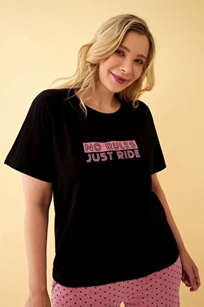 alfa expres Fashion Women's Black “No Rules Just Ride” Lettering Plus Size Capri Pajama Set