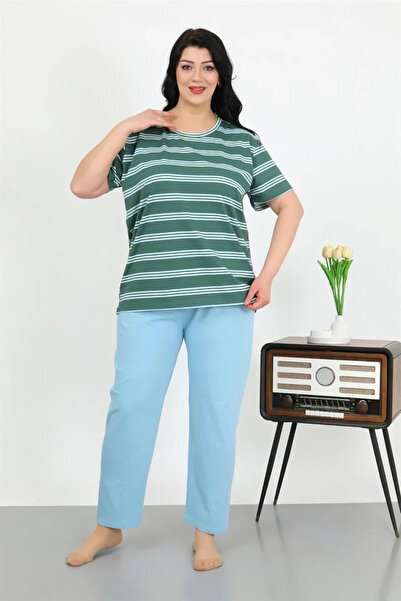 alfa expres Fashion Women's Plus Size Short Sleeve Combed Cotton Pajama Set Petrol