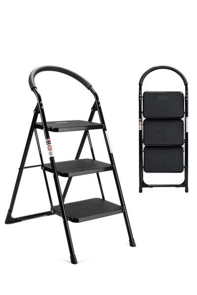 Cady One 3 Step Portable Folding Ladder with Extra Wide Non-Slip Heavy Duty Steel Pedal and Hand Grip