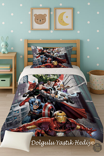 Talia Home Marvel Superheroes Patterned Single Children's Quilt Sleeping Set Tlag-302