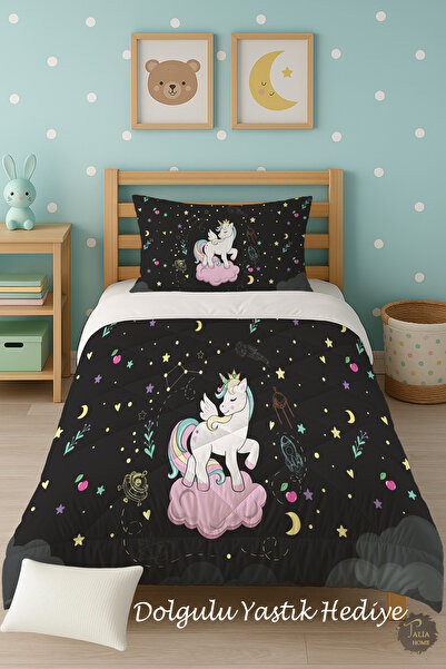 Talia Home Black Unicorn Patterned Single Children's Quilt Sleeping Set Tlag-077