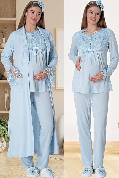 Lohusa Homewear طقم بيجامة نسائية زرقاء بتصميم خاص مع تفاصيل من الدانتيل، روب...