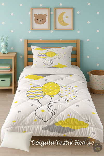 Talia Home Set de dormit cu pilota pentru copii cu model cu baloane galbene T...