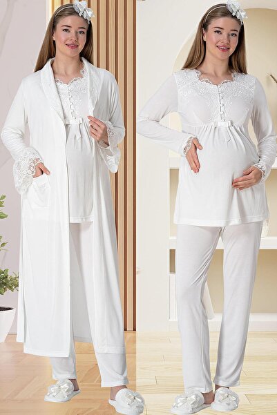 Lohusa Homewear Women's Ecru Special Design Lace Detailed Dressing Gown Mater...
