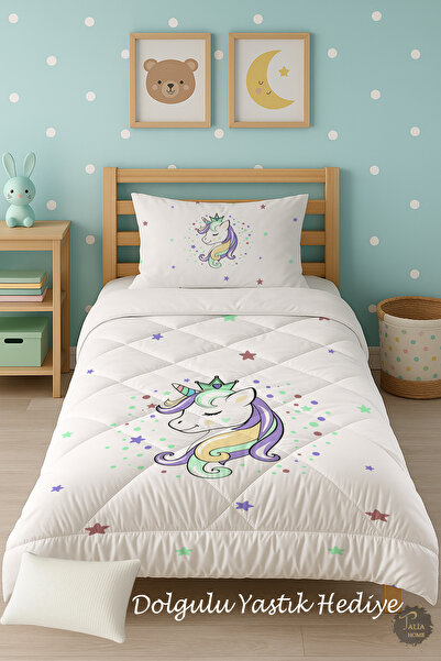 Talia Home White Unicorn Patterned Single Children's Quilt Sleeping Set Tlag-083