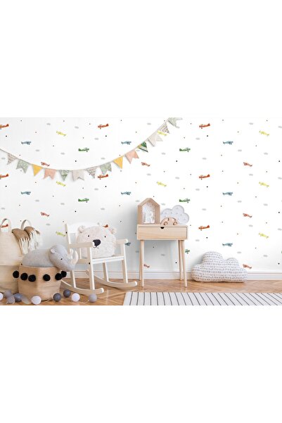 Adawall Gökyüzünde Uçak Detaylı Çocuk Odası Duvar Kağıdı - Adakids 8907-1 Duv...
