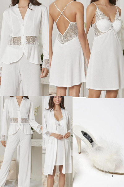 Mavelle Combed Cotton Ecru 6-Piece Bridal Dowry Set with Slippers, Gift, Nightgown & Dressing Gown & Pajama Set & Shorts Set