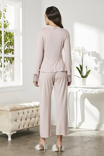 Mavelle Penye Pudra 6'lı Gelin Çeyiz Seti Terlik Hediyeli Gecelik&Sabahlık&Pijama Takımı& Şortlu Takım