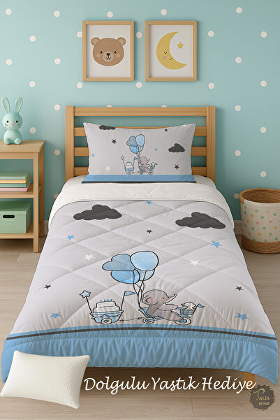 Talia Home Blue Elephant Patterned Single Children's Quilt Sleeping Set Tlag-098