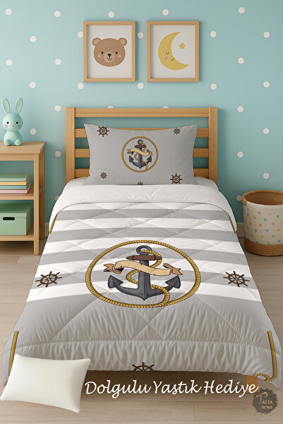 Talia Home Gray and White Sailor Patterned Single Children's Quilt Sleeping Set Tlag-208